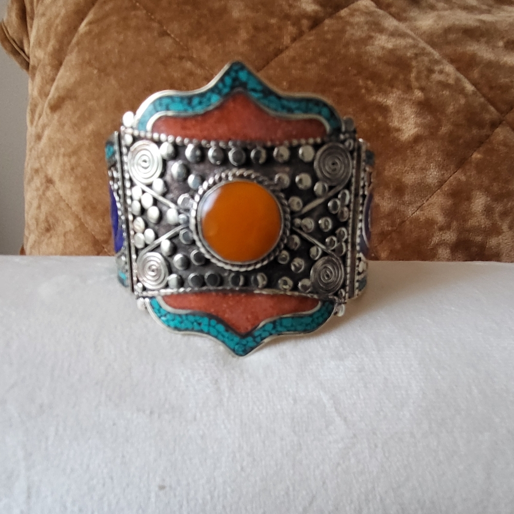 Genuine Turquoise Coral Copal a d Lapis Lazuli Tibetan Silver cuff